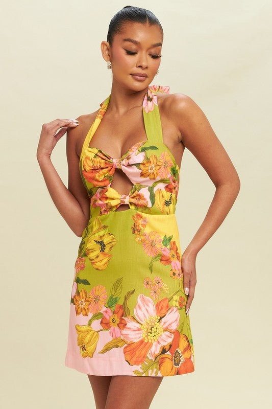 Wachtlijst 31 juli ♥ dules halterneck mini-jurkje met halslijn en bloemenprint in groen