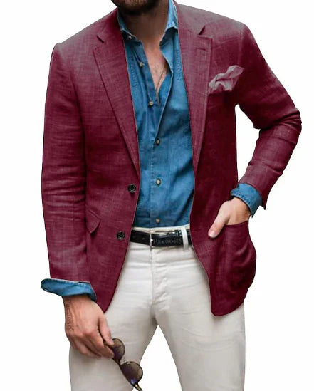 Jon - linnen herenblazer strandbruiloft casual getailleerde pasvorm effen kleur enkele rij knopen met twee knopen