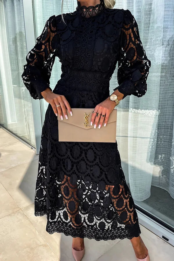 Gillian - romantische, sensuele en elegante midi-jurk met pofmouwen in gehaakt kant