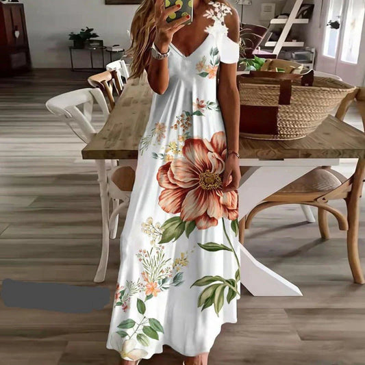 Destiny - elegante lange jurk met bloemmotief - zomerjurk, v-hals, mouwloos gemaakt van katoenmix