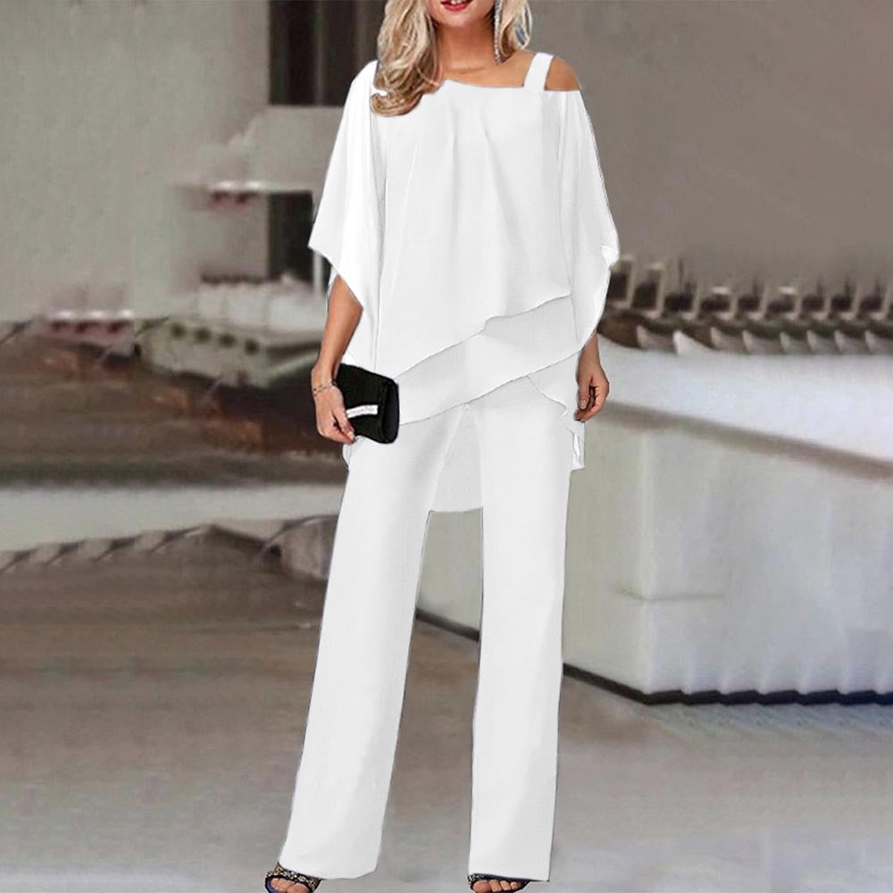 Tweedelige damesset| elegant tweedelig pak met koude schouder