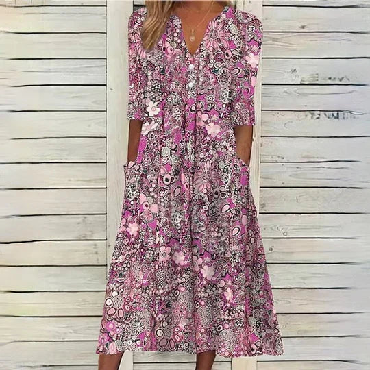 Beige gebloemde midi-jurk - Hannah