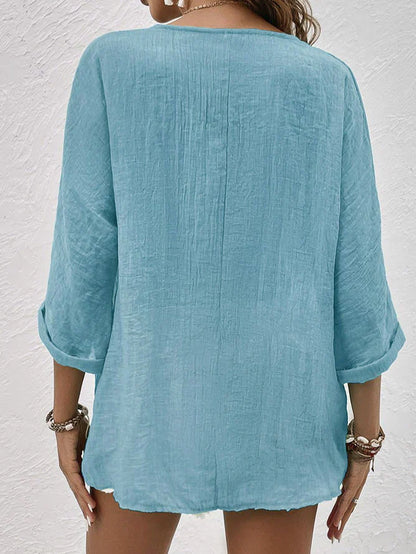 Clara - blauw linnen overhemd met v-hals